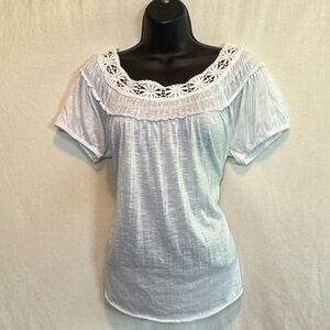 G-33 Allison Brittney White Lace Trim Short Sleeve Pullover Blouse Size L